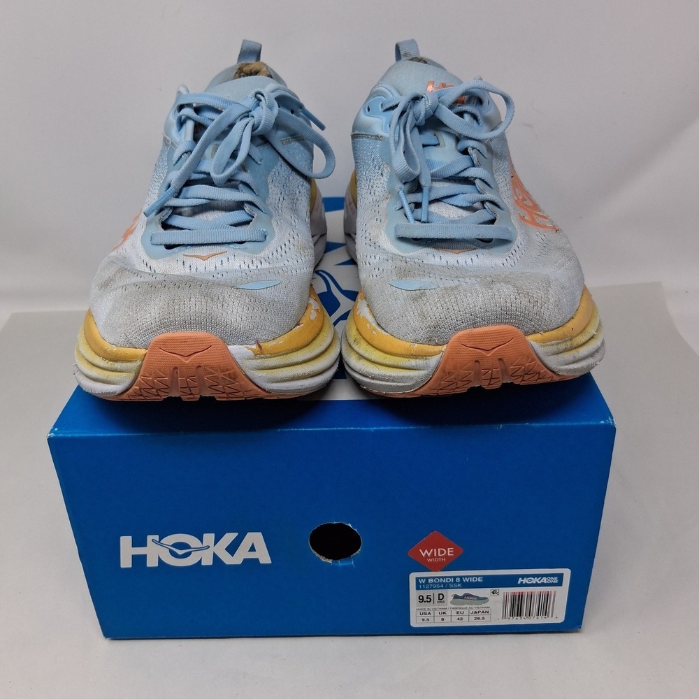 Hoka Bondi 8 Wide Sky Blue Sun Flare Running Shoes Womens 9.5 D 1127954 SSCA